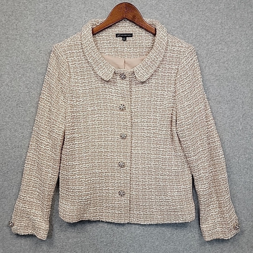 ADRIANNA‎ PAPELL Pink Cream Boucle Knit Embellished Gold Button Blazer Women's M